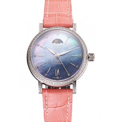 IWC Portofino Moon Phase Mother Of Pearl Dial Stainless Steel Case Diamonds Bezel Pink Leather Strap