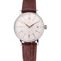 IWC Portofino Silver Dial Stainless Steel Case Diamonds Bezel Brown Leather Strap