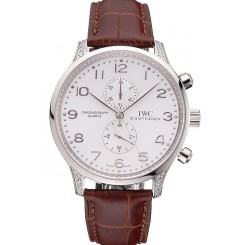IWC Portugieser Chronograph White Dial Steel Hands And Numerals Steel Case With Diamonds Brown Leather Strap