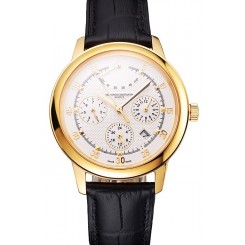 Knockoff AAAAA Swiss Vacheron Constantin Traditionnelle Power Reserve White Dial Gold Case Black Leather Strap