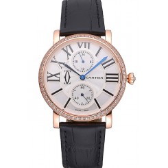 Knockoff Cartier Ronde Second Time Zone White Dial Gold Case With Diamonds Black Leather Strap 622809