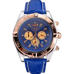 Knockoff Designer Breitling Chronomat Blue Dial Rose Gold Bezel And Subdials Stainless Steel Case Blue Leather Strap