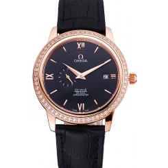 Knockoff Omega De Ville Prestige Co-Axial Black Dial Rose Gold Diamond Case Black Leather Strap Roman Numeral