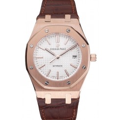 Knockoff Swiss Audemars Piguet Royal Oak White Dial Gold Case Brown Leather Strap