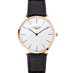 Knockoff Swiss Longines Grande Classique White Dial Gold Case Black Leather Strap