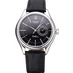 Luxury Copy Rolex Cellini Black Dial Stainless Steel Case Black Leather Bracelet 622724