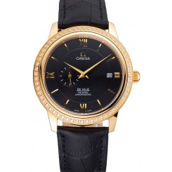 Omega De Ville Prestige Co-Axial Black Dial Gold Diamond Case Black Leather Strap Roman Numeral