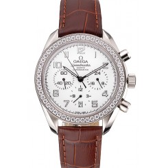 Omega Speedmaster White Dial Stainless Steel Case Diamond Bezel Brown Leather Strap
