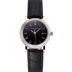 Patek Philippe Calatrava Black Dial Roman Numerals Double Ribbed Bezel Stainless Steel Case Black Leather Strap