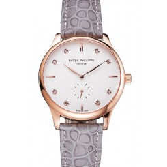 Patek Philippe Calatrava White Dial Diamond Markings Rose Gold Case Gray Leather Strap