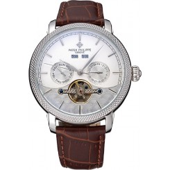 Patek Philippe Day Date Tourbillon White Dial Stainless Steel Case Embossed Bezel Brown Leather Strap 622837