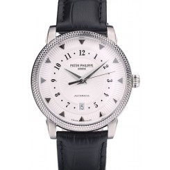 Patek Philippe Swiss Calatrava Ribbed Bezel White Dial Black Leather Strap 7657