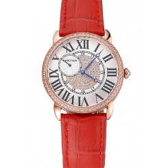 Replica Cartier Ronde Louis Gold Diamond Case White Dial Red Leather Bracelet 1454005