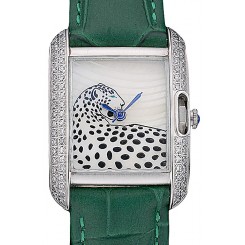 Replica Cartier Tank Anglaise White Tiger Dial Diamonds Steel Case Green Leather Bracelet
