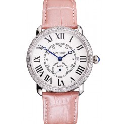 Replica Fashion Cartier Ronde Louis Cartier White Dial Stainless Steel Case Diamond Bezel Pink Leather Strap