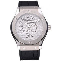 Replica Fashion Hublot Classic Fusion Diamond Skull Dial Stainless Steel Case Black Leather Strap 622814