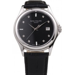 Replica Fashion Patek Philippe Geneve Calatrava Crystal Studded Hour Marker Black Dial Black Leather Strap 98170