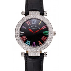 Replica Franck Muller Double Mistery Ronde Black Dial Stainless Steel Case Black Leather Strap