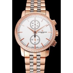 Replica High Quality Swiss Vacheron Constantin Patrimony Traditionnelle Chronograph White Dial Diamond Bezel Rose Gold Case Two Tone Bracelet 1453760