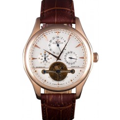 Replica Luxury Jaeger Lecoultre Tourbillon Perpetuel Gold Bezel Brown Leather Band 621618