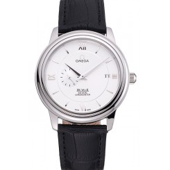 Replica Omega De Ville Prstige Co-Axial White Dial Silver Case Black Leather Strap Roman Numeral