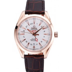 Replica Omega Seamaster Planet Ocean GMT White Dial Rose Gold Case Brown Leather Band 622400
