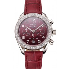 Replica Omega Speedmaster Burgundy Dial Stainless Steel Case Diamond Bezel Burgundy Leather Strap