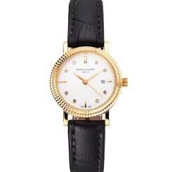 Replica Patek Philippe Calatrava White Dial Diamond Hour Marks Double Ribbed Bezel Gold Case Black Leather Strap