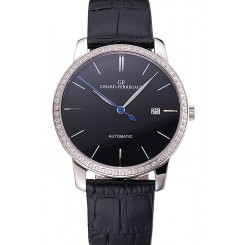Replica Swiss Girard-Perregaux 1966 Black Dial Silver Diamond Case Black Leather Strap