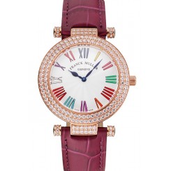 Replica Top Franck Muller Double Mistery Ronde White Dial Rose Gold Case Plum Leather Strap