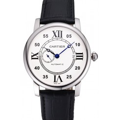 Replica Top Swiss Cartier Rotonde Solo White Dial Silver Case Black Leather Strap