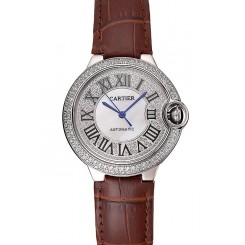 Swiss Cartier Ballon Bleu 46 MM Diamond Dial Diamond Case Brown Leather Bracelet 1453895