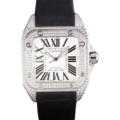 Swiss Cartier Santos Silver Bezel with Diamonds and Black Leather Strap sct47 621531