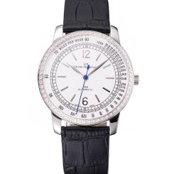 Swiss Girard-Perregaux 1966 Automatic White Dial Silver Diamond Case Black Leather Strap