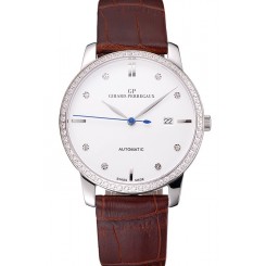 Swiss Girard-Perregaux 1966 White Dial Silver Diamond Case Brown Leather Strap
