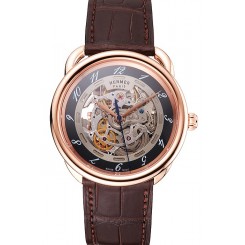 Swiss Hermes Arceau Skeleton Black Dial Brown Hands Rose Gold Case Brown Leather Strap