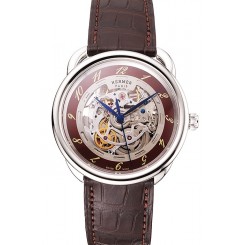 Swiss Hermes Arceau Skeleton Brown Dial Blue Hands Stainless Steel Case Brown Leather Strap