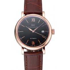 Swiss IWC Portofino Gold Case Black Dial Brown Leather Bracelet 622669