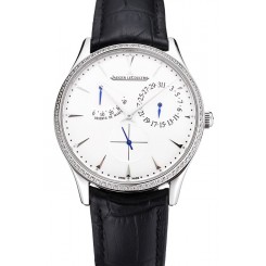 Swiss Jaeger LeCoultre Master Ultra Thin Reserve De Marche White Dial Diamond Bezel Stainless Steel Case Black Leather Strap