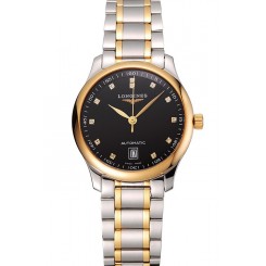Swiss Longines Master Black Dial Diamond Hour Markers Two Tone Stainless Steel Bracelet 1453932
