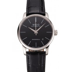 Swiss Mido Baroncelli Black Dial Stainless Steel Case Black Leather Strap 1453839