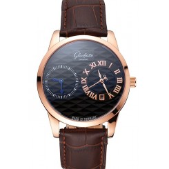 Top Glashutte Original Black Dial Rose Gold Case Brown Leather Strap