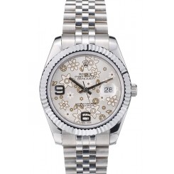 Top Rolex Swiss DateJust Stainless Steel Ribbed Bezel Flower Silver Dial 42001