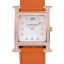 Hermes Heure H Rose Gold Diamond Encrusted Bezel Orange Leather Strap White Dial 80237