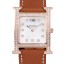 Hermes Heure H Rose Gold Diamond Encrusted Bezel Tan Leather Strap White Dial 80236