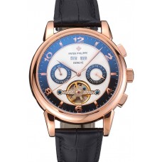 1:1 Patek Philippe Perpetual Calendar Tourbillon Two Tone Dial Rose Gold Case Black Leather Strap