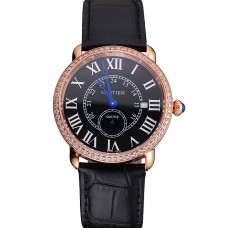 1:1 Replica Cartier Ronde Louis Cartier Black Dial Gold Case Diamond Bezel Black Leather Strap