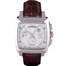 1:1 Tag Heuer Monaco Brushed Stainless Steel Case White Dial Brown Leather Strap 98173