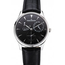 AAA Swiss Jaeger LeCoultre Master Ultra Thin Reserve De Marche Black Dial Stainless Steel Case Black Leather Strap