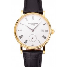 AAAAA Replica Swiss Patek Philippe Calatrava White Dial Gold Case Fluted Bezel Black Leather Strap